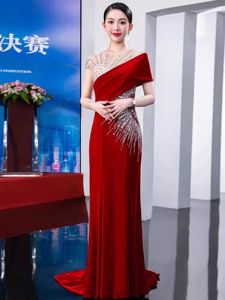 Short Sleeve Round Neck Sequin Panel Mesh Trumpet Evening Gown