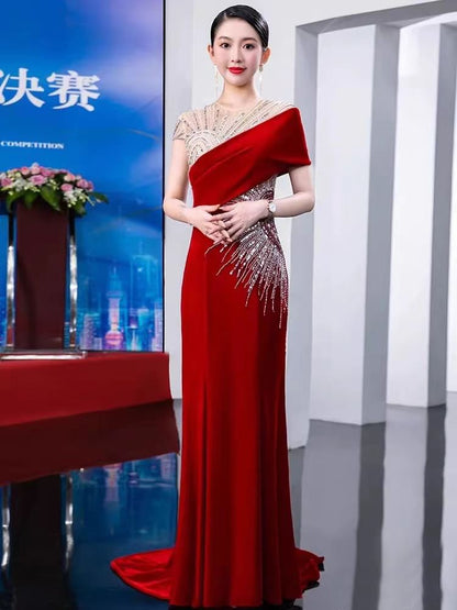 Short Sleeve Round Neck Sequin Panel Mesh Trumpet Evening Gown