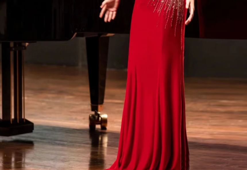 Evening Sequin Neck Sleeve Short Trumpet Round Mesh Gown Panel