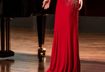 Evening Sequin Neck Sleeve Short Trumpet Round Mesh Gown Panel