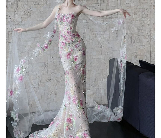 Floral Print Sequin Mesh Maxi Trumpet Tube Evening Gown
