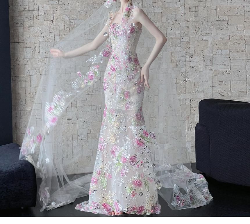 Floral Print Sequin Mesh Maxi Trumpet Tube Evening Gown
