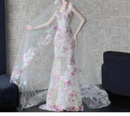 Floral Print Sequin Mesh Maxi Trumpet Tube Evening Gown