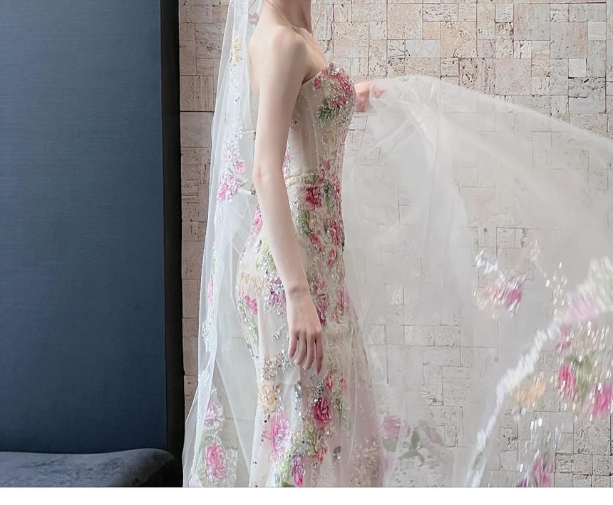 Floral Print Sequin Mesh Maxi Trumpet Tube Evening Gown