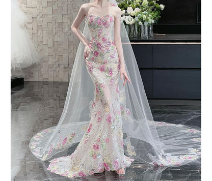 Floral Print Sequin Mesh Maxi Trumpet Tube Evening Gown