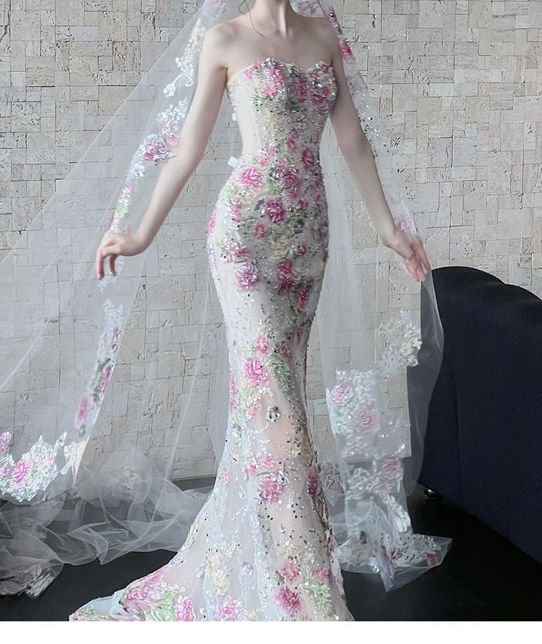 Floral Print Sequin Mesh Maxi Trumpet Tube Evening Gown