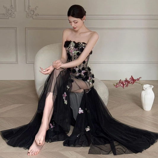 Floral Applique Sequin Mesh Maxi Trumpet Tube Evening Gown
