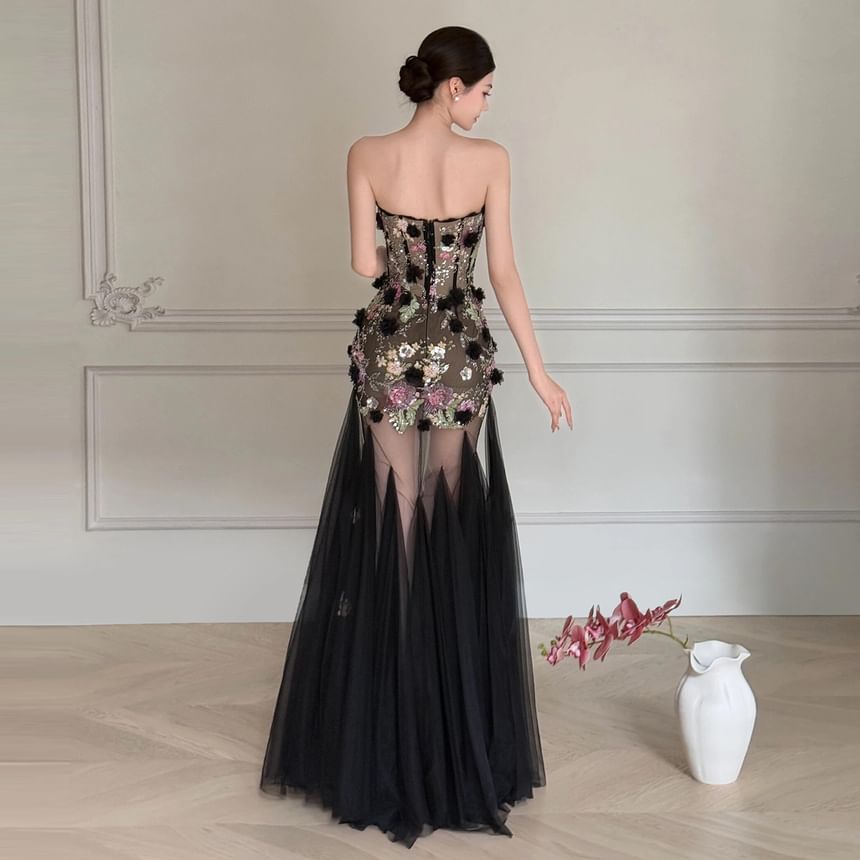Floral Applique Sequin Mesh Maxi Trumpet Tube Evening Gown