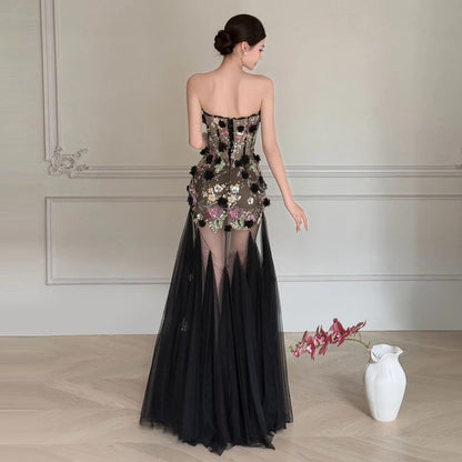 Floral Applique Sequin Mesh Maxi Trumpet Tube Evening Gown