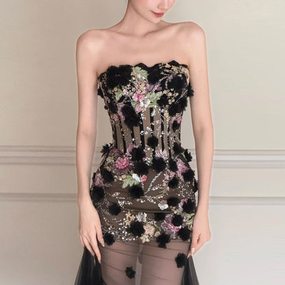 Floral Applique Sequin Mesh Maxi Trumpet Tube Evening Gown