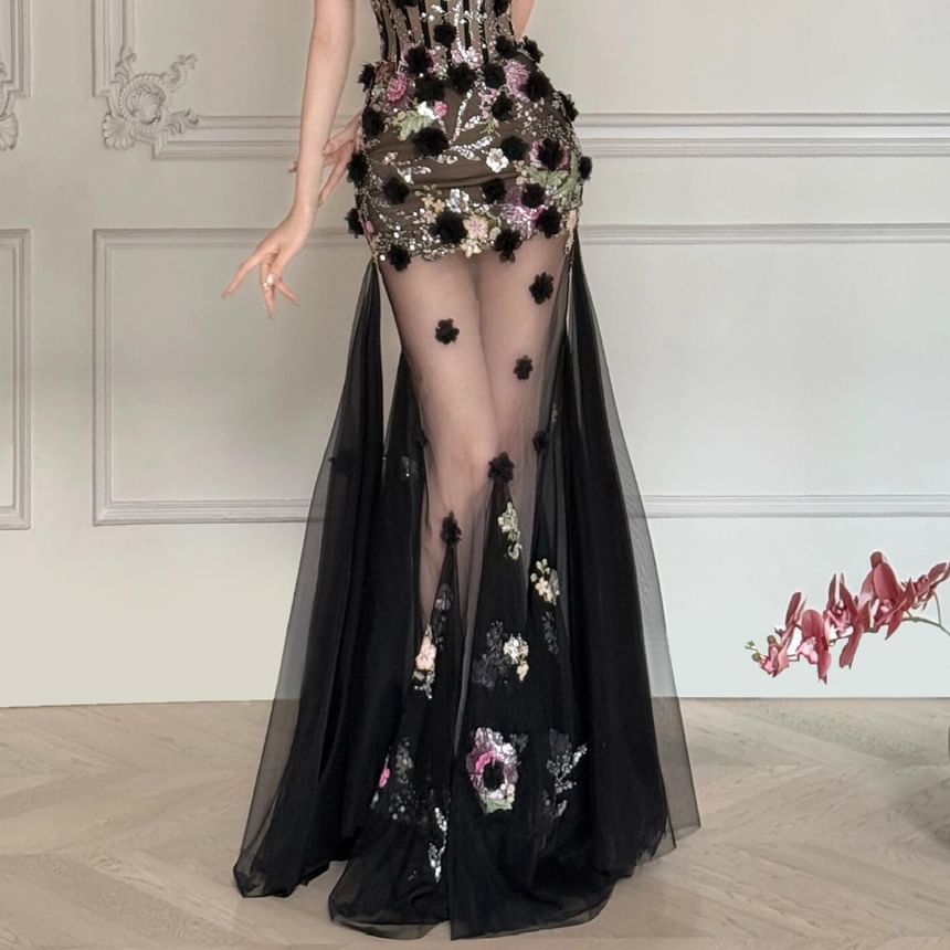 Floral Applique Sequin Mesh Maxi Trumpet Tube Evening Gown
