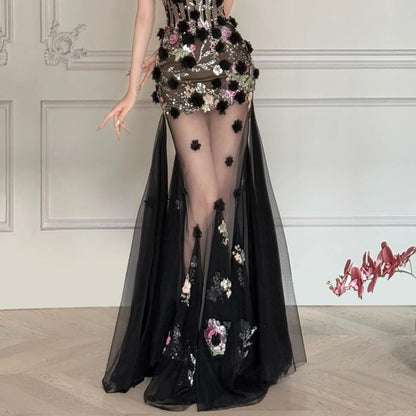 Floral Applique Sequin Mesh Maxi Trumpet Tube Evening Gown