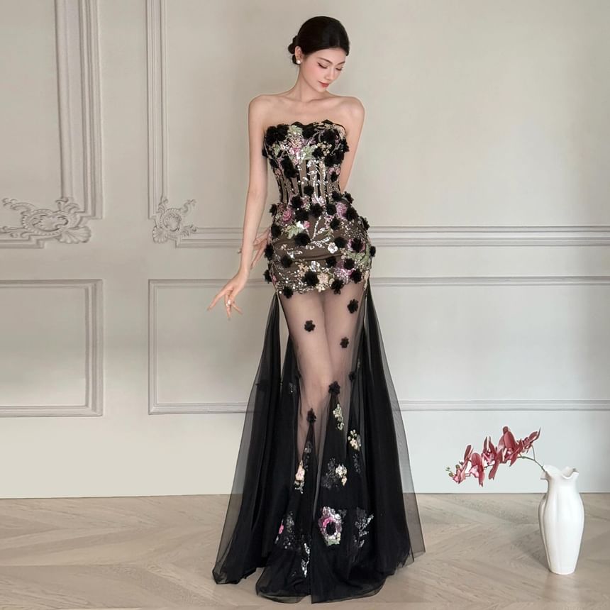 Floral Applique Sequin Mesh Maxi Trumpet Tube Evening Gown