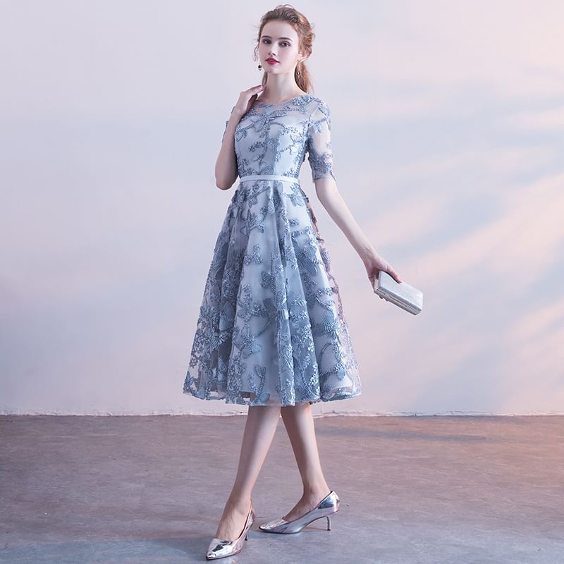 Elbow-Sleeve Boat Neck Patterned A-Line Cocktail Dress