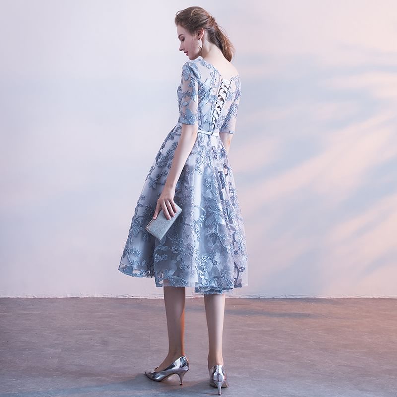 Elbow-Sleeve Boat Neck Patterned A-Line Cocktail Dress