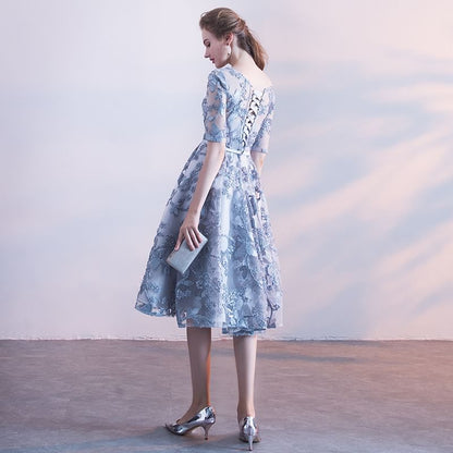 Elbow-Sleeve Boat Neck Patterned A-Line Cocktail Dress