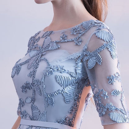 Elbow-Sleeve Boat Neck Patterned A-Line Cocktail Dress