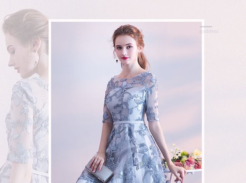 Elbow-Sleeve Boat Neck Patterned A-Line Cocktail Dress