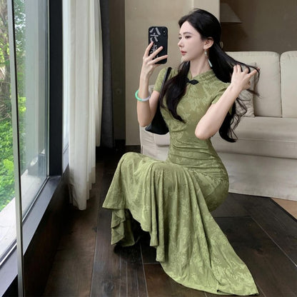 Short-Sleeve Jacquard Cutout Midi Mermaid Qipao