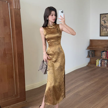Sleeveless Stand Collar Tie Dye Slit Satin Midi Sheath Qipao