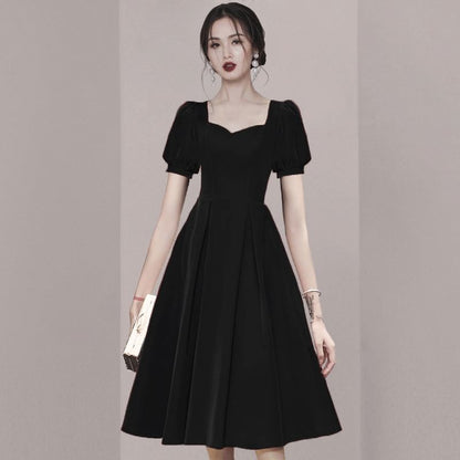 Puff-Sleeve Square Neck Plain Midi A-Line Cocktail Dress