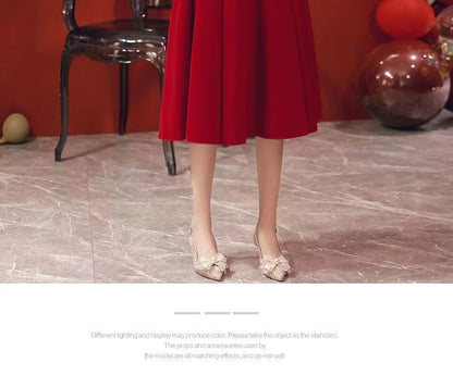 Puff-Sleeve Square Neck Plain Midi A-Line Cocktail Dress