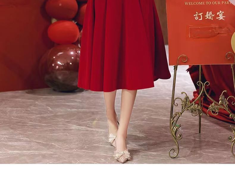 Puff-Sleeve Square Neck Plain Midi A-Line Cocktail Dress