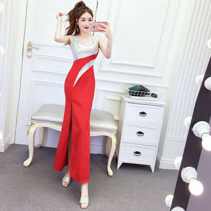 Sleeveless V-Neck Sequin Panel Open Back Slit Mermaid Evening Dress