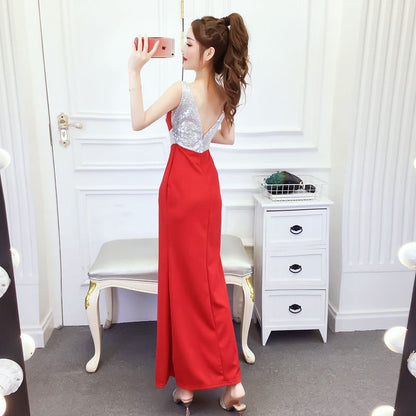 Sleeveless V-Neck Sequin Panel Open Back Slit Mermaid Evening Dress