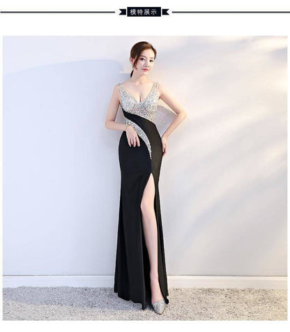 Sleeveless V-Neck Sequin Panel Open Back Slit Mermaid Evening Dress