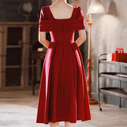 Short-Sleeve Square Neck Plain Rhinestone Accent Midi A-Line Cocktail Dress