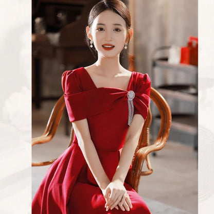 Short-Sleeve Square Neck Plain Rhinestone Accent Midi A-Line Cocktail Dress