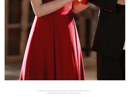 Short-Sleeve Square Neck Plain Rhinestone Accent Midi A-Line Cocktail Dress