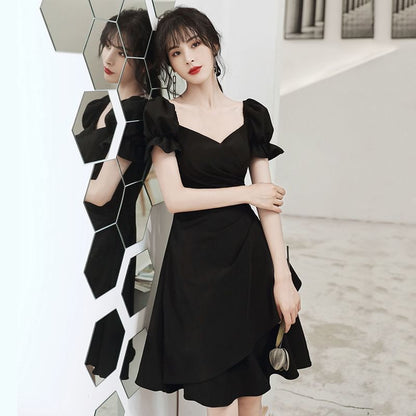 Puff-Sleeve V-Neck Plain Ruched A-Line Cocktail Dress