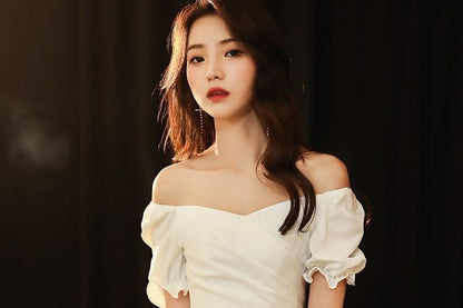 Puff-Sleeve V-Neck Plain Ruched A-Line Cocktail Dress