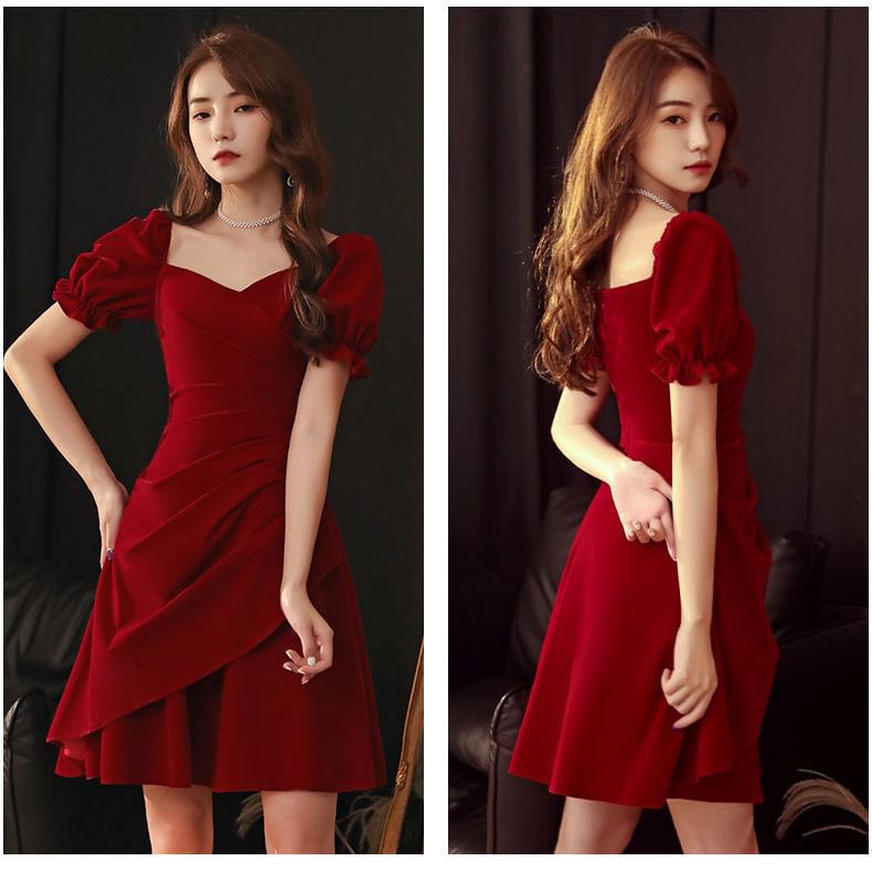 Puff-Sleeve V-Neck Plain Ruched A-Line Cocktail Dress