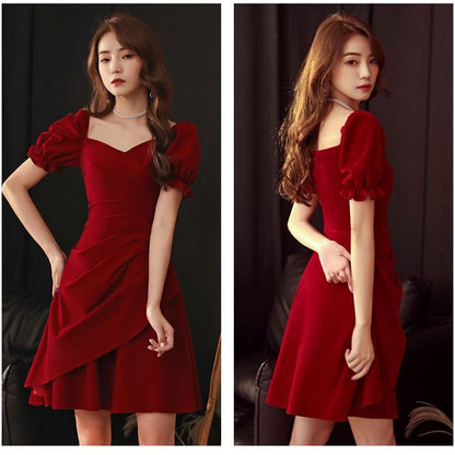 Puff-Sleeve V-Neck Plain Ruched A-Line Cocktail Dress