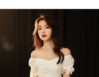 Puff-Sleeve V-Neck Plain Ruched A-Line Cocktail Dress