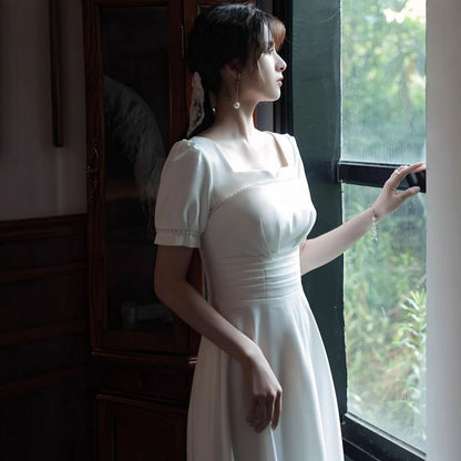 Puff-Sleeve Notch Neck Plain Faux Pearl Accent Midi A-Line Wedding Dress