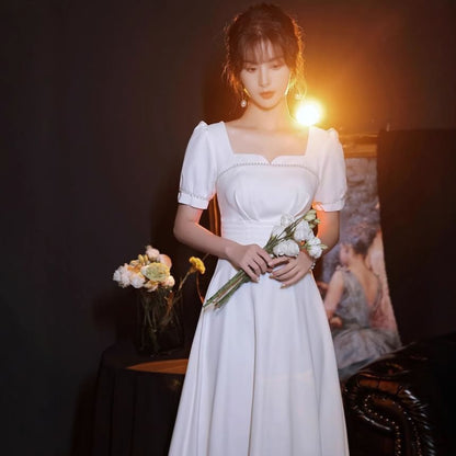 Puff-Sleeve Notch Neck Plain Faux Pearl Accent Midi A-Line Wedding Dress