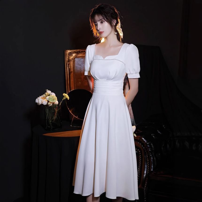 Puff-Sleeve Notch Neck Plain Faux Pearl Accent Midi A-Line Wedding Dress