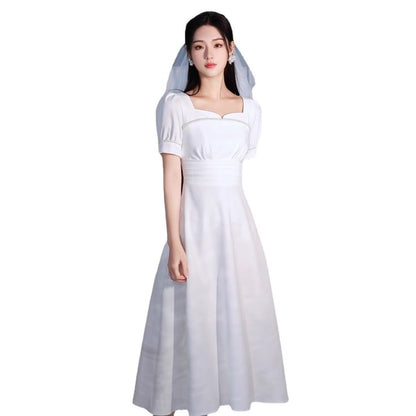 Puff-Sleeve Notch Neck Plain Faux Pearl Accent Midi A-Line Wedding Dress