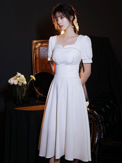 Puff-Sleeve Notch Neck Plain Faux Pearl Accent Midi A-Line Wedding Dress