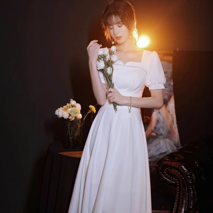Puff-Sleeve Notch Neck Plain Faux Pearl Accent Midi A-Line Wedding Dress
