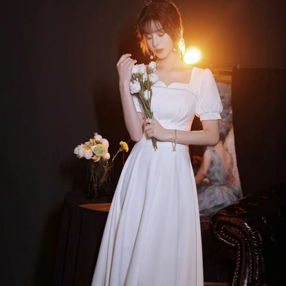 Puff-Sleeve Notch Neck Plain Faux Pearl Accent Midi A-Line Wedding Dress