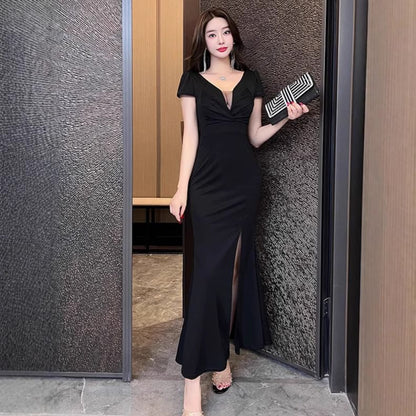 Short-Sleeve Plunge Plain Slit Mermaid Evening Dress