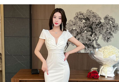 Short-Sleeve Plunge Plain Slit Mermaid Evening Dress