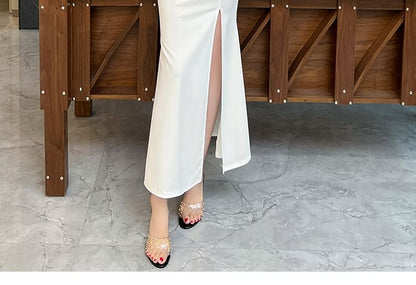 Short-Sleeve Plunge Plain Slit Mermaid Evening Dress