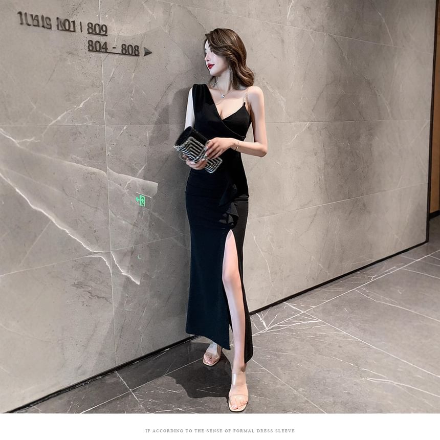 Sleeveless V-Neck Plain Asymmetrical Ruffle Trim Slit Sheath Evening Dress