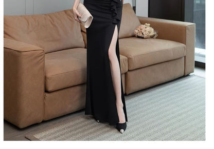 Sleeveless V-Neck Plain Asymmetrical Ruffle Trim Slit Sheath Evening Dress